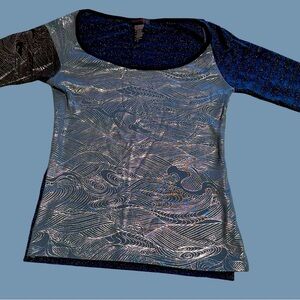 RARE LIKE NEW Vintage Custo Barcelona metallic waves top, blue, silver, red.